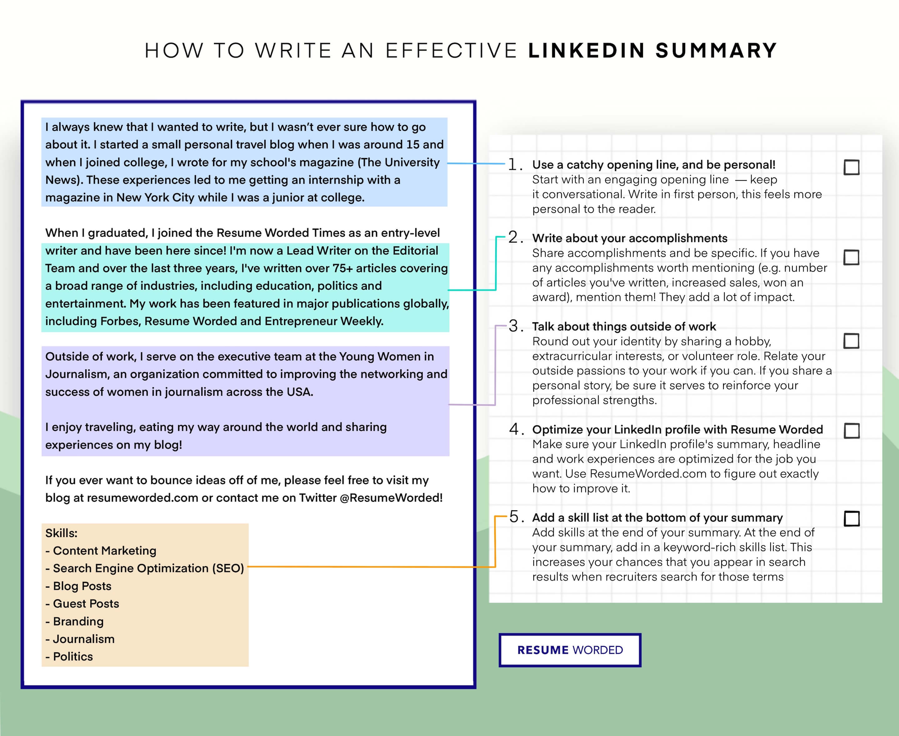 An example of a LinkedIn summary, with a checklist