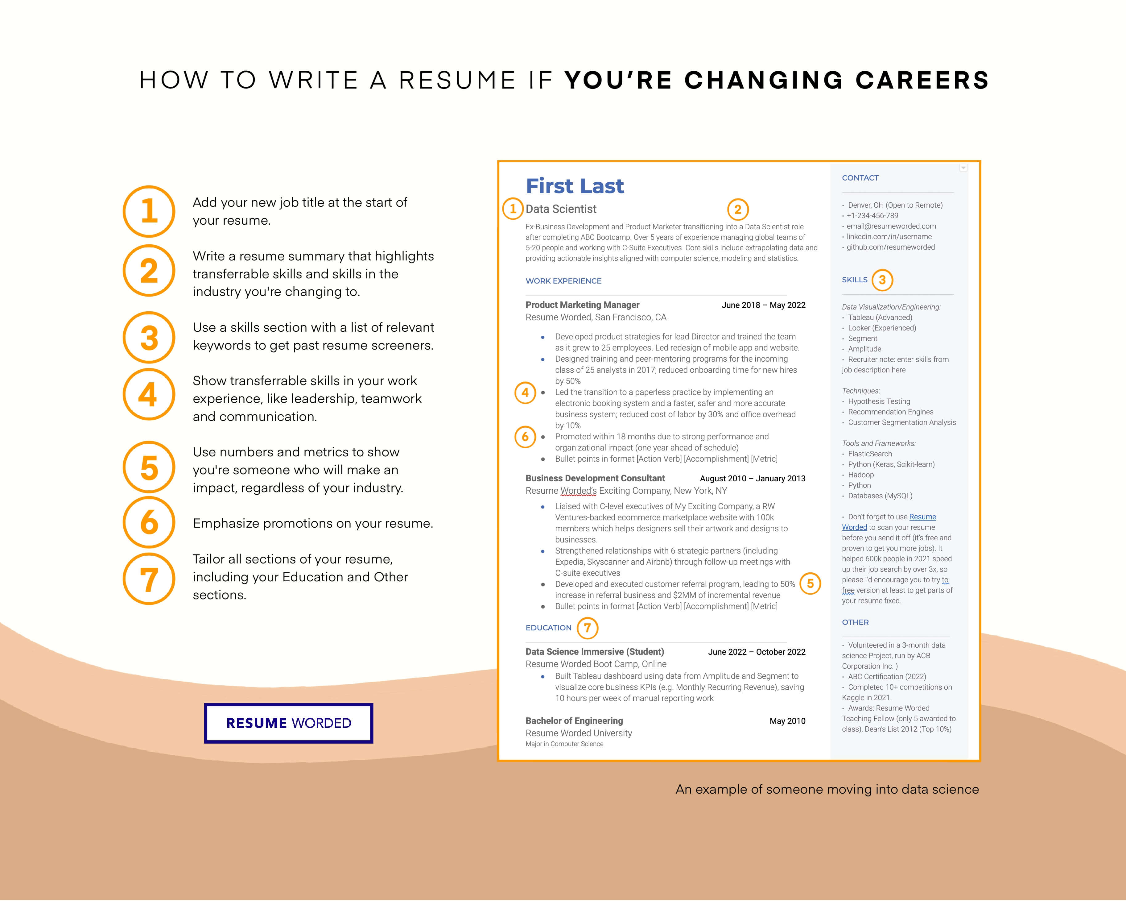 This template is great for professionals or career changers. A summary is useful on your resume if you are changing careers or want to cover skills that aren't in your Experience section. The Skills section is prioritized to highlight any keywords/skills.