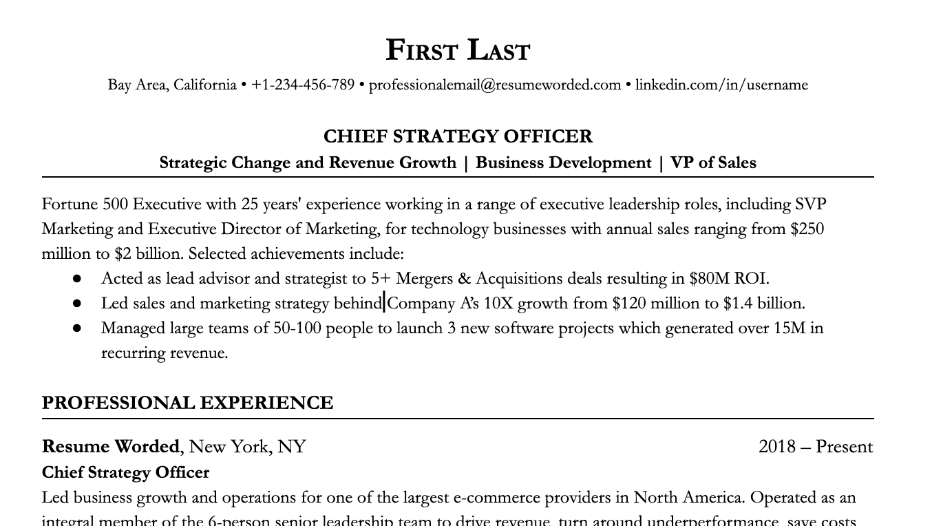 An example of a real executive resume summary