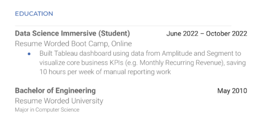 An example of how to list a data science bootcamp on a resume