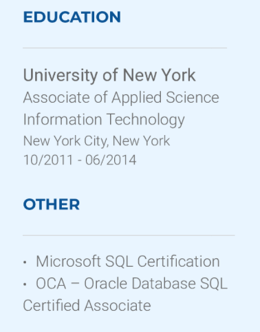 Example of listing SQL certifications on a resume