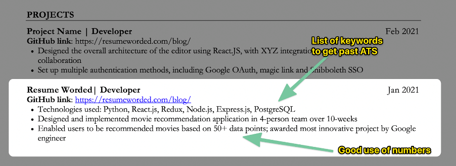 Example of listing an SQL-based project on a resume