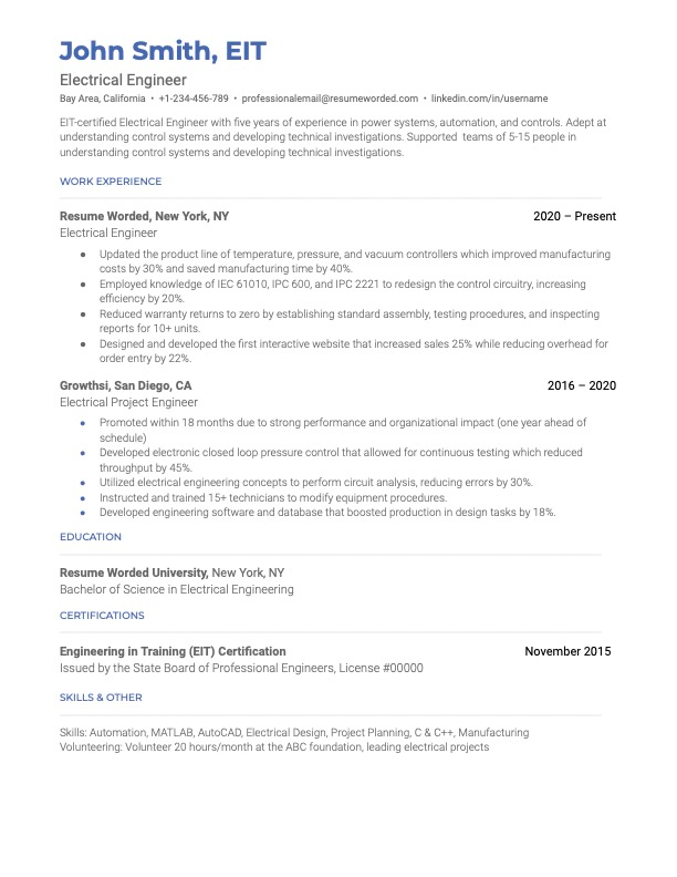 Example of how to list EIT certification on a resume