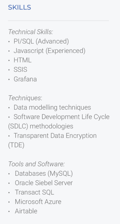 Example of listing SQL and other technical skills on a resume
