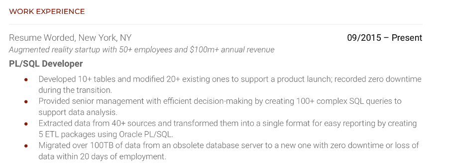 Example of listing SQL-based work experience on a resume