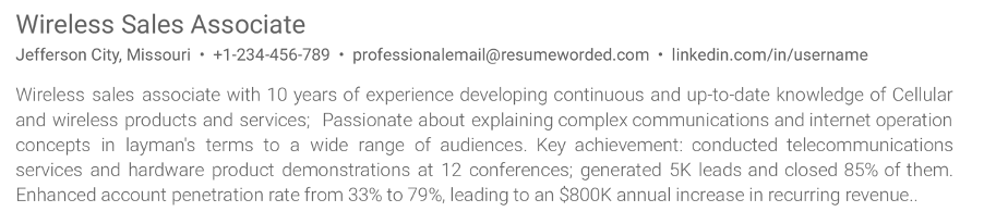 Example of a sales associate resume summary
