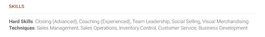 Example of a sales associate resume skills section