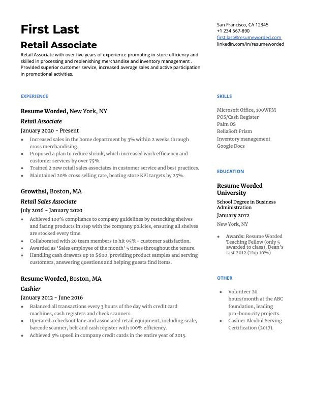 Retail sales associate resume example