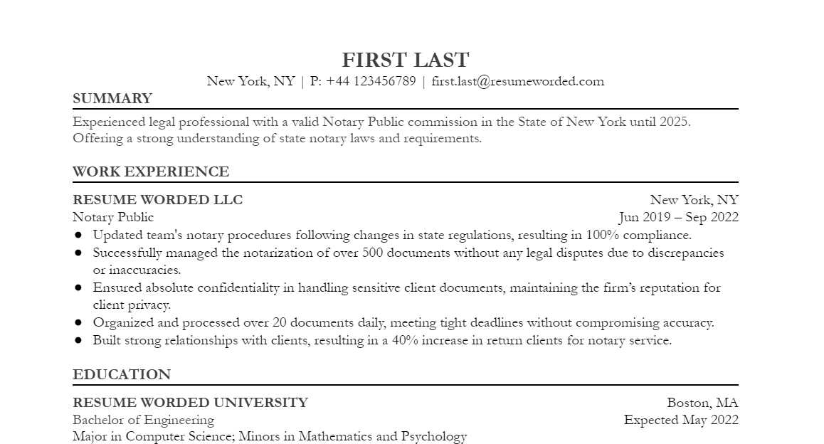 Example of a high-performing notary resume, using bullet points and a resume summary