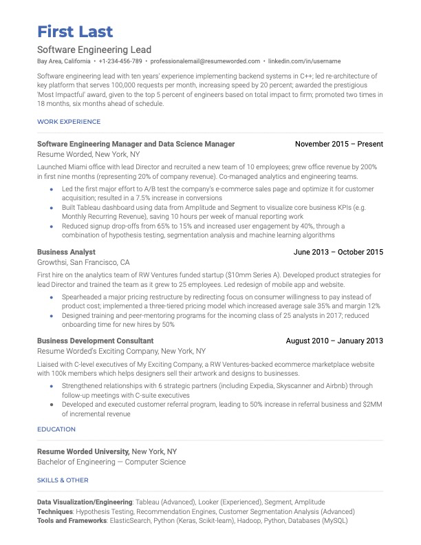 Chronological resume template with all sections in the correct order