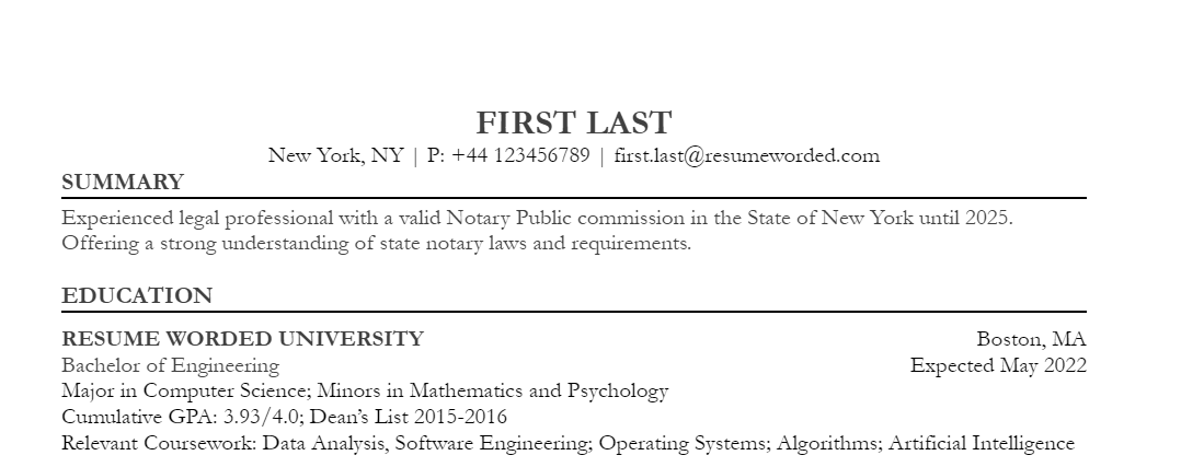 Example of including your notary status in your resume summary