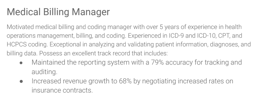 Example of a resume title and summary highlighting budget management