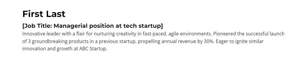 Example of a management resume summary for a tech startup
