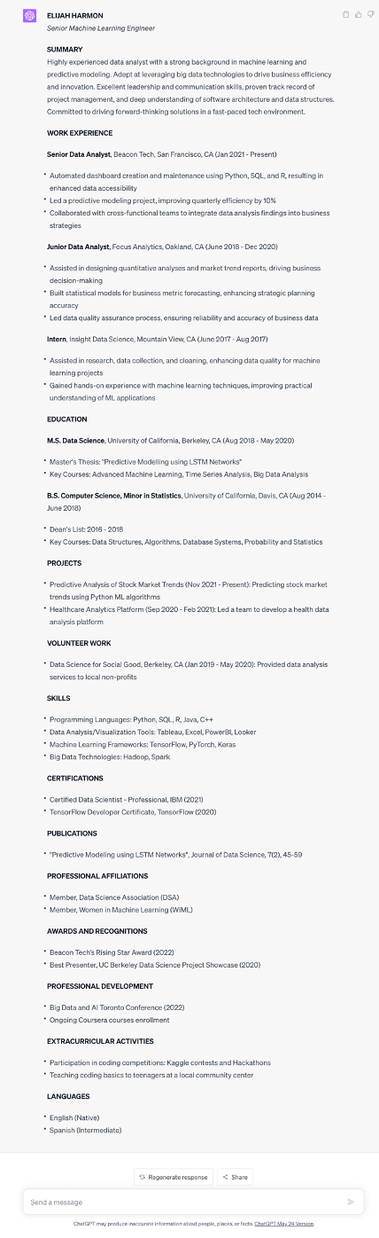 Example of a ChatGPT-generated resume