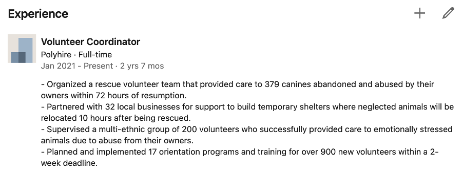 Example of how to put volunteer positions in your LinkedIn experience section