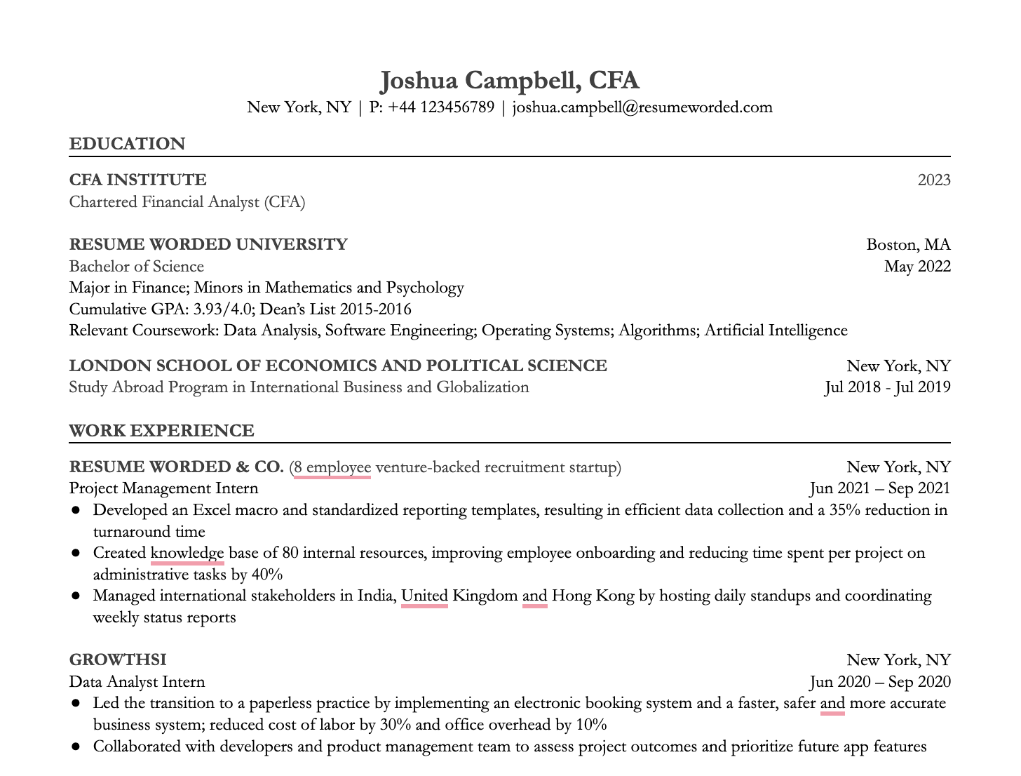 An example of how to include CFA on your resume in the Name and Education sections