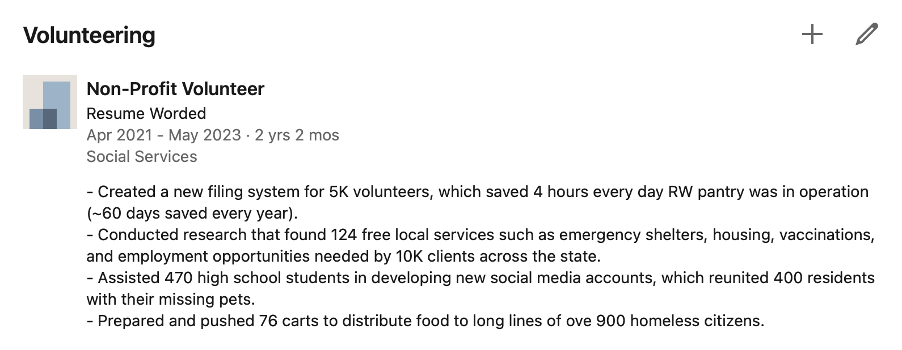 Example of a stand-alone volunteering section on LinkedIn