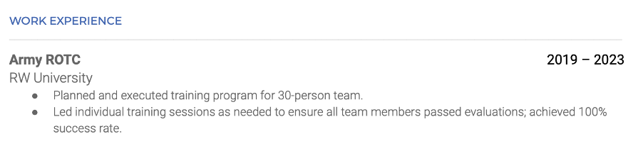 Example of listing Army ROTC training in a resume work experience section