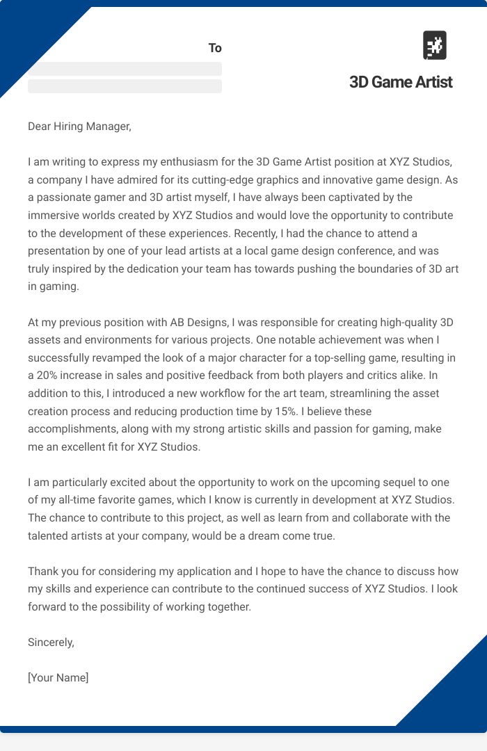 3D Game Artist Cover Letter