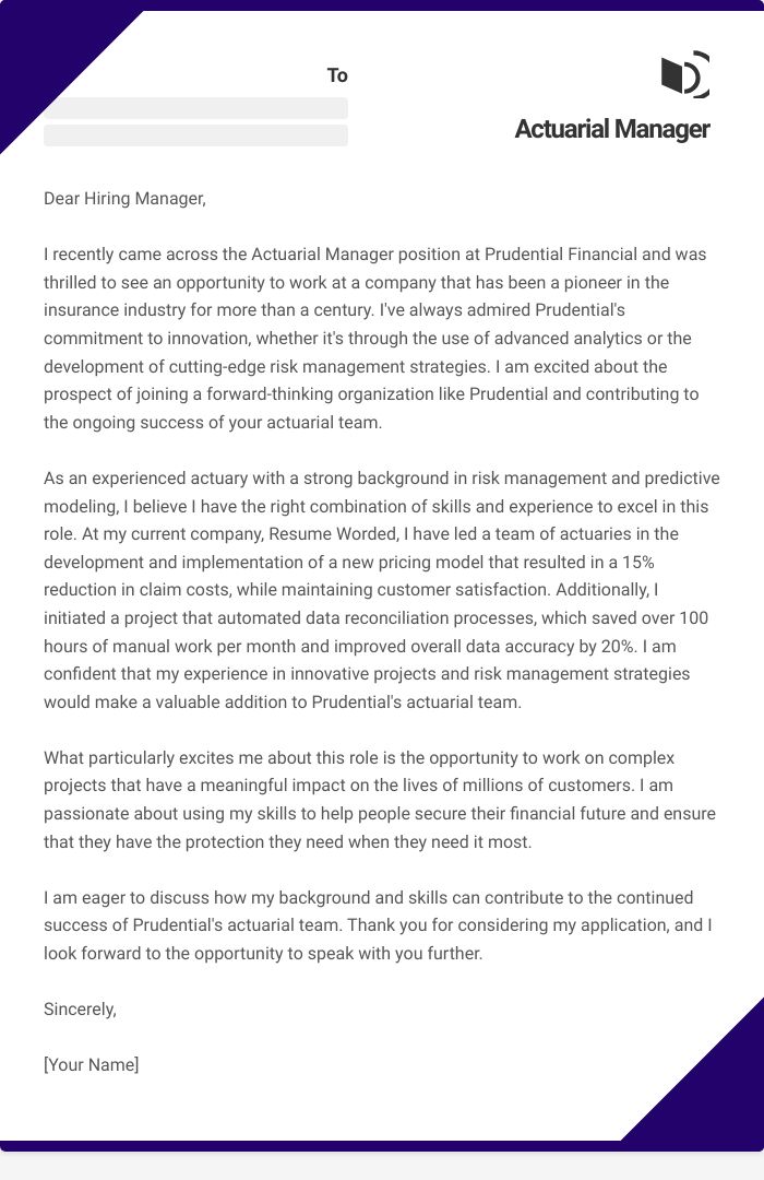 Actuarial Manager Cover Letter