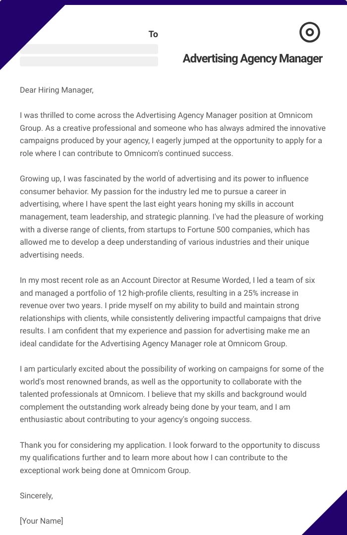 Advertising Agency Manager Cover Letter