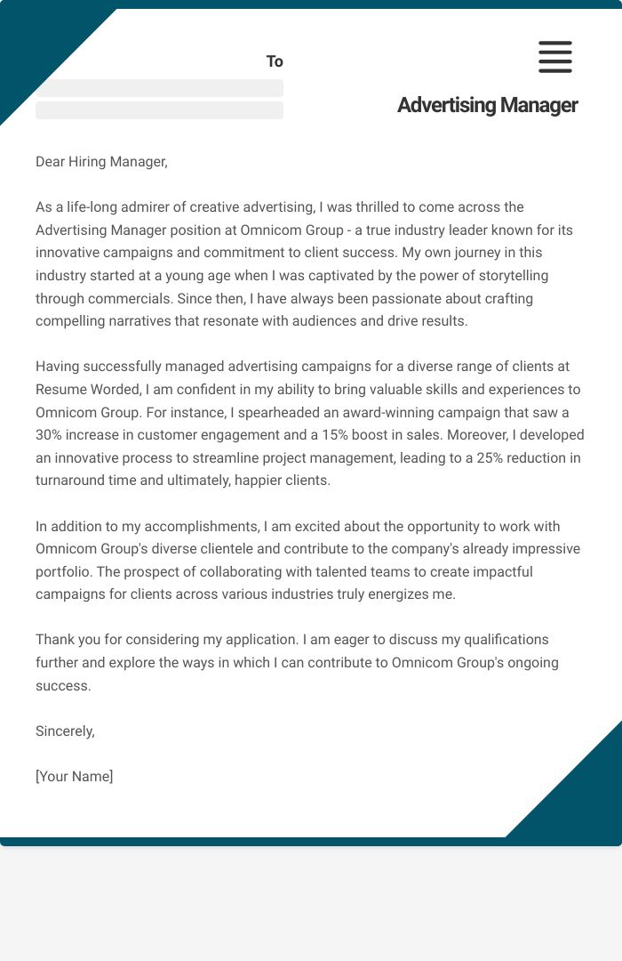 Advertising Manager Cover Letter