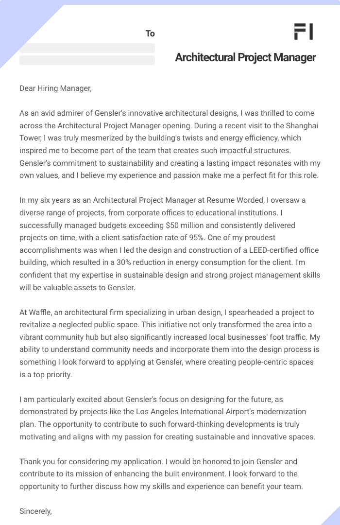 Architectural Project Manager Cover Letter