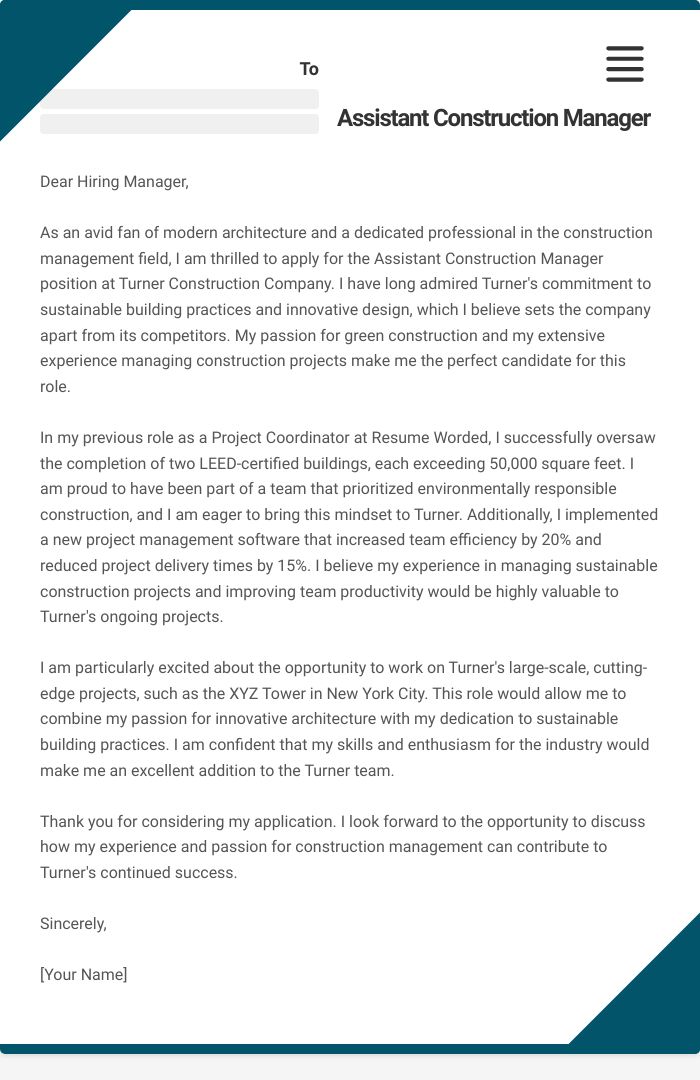 Assistant Construction Manager Cover Letter