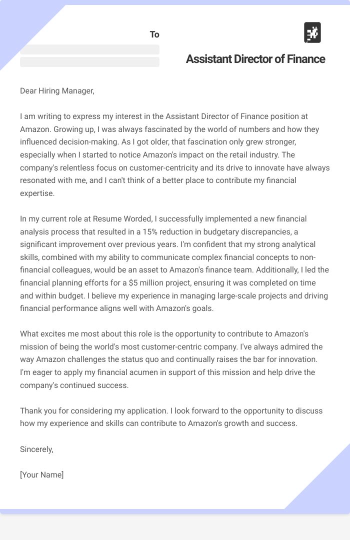 Assistant Director of Finance Cover Letter