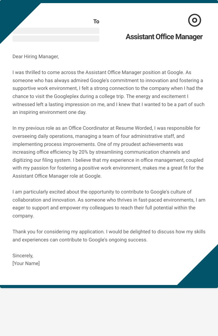 Assistant Office Manager Cover Letter