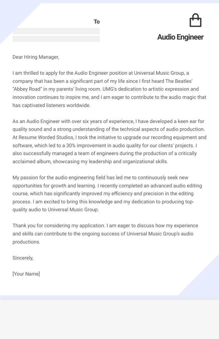Audio Engineer Cover Letter