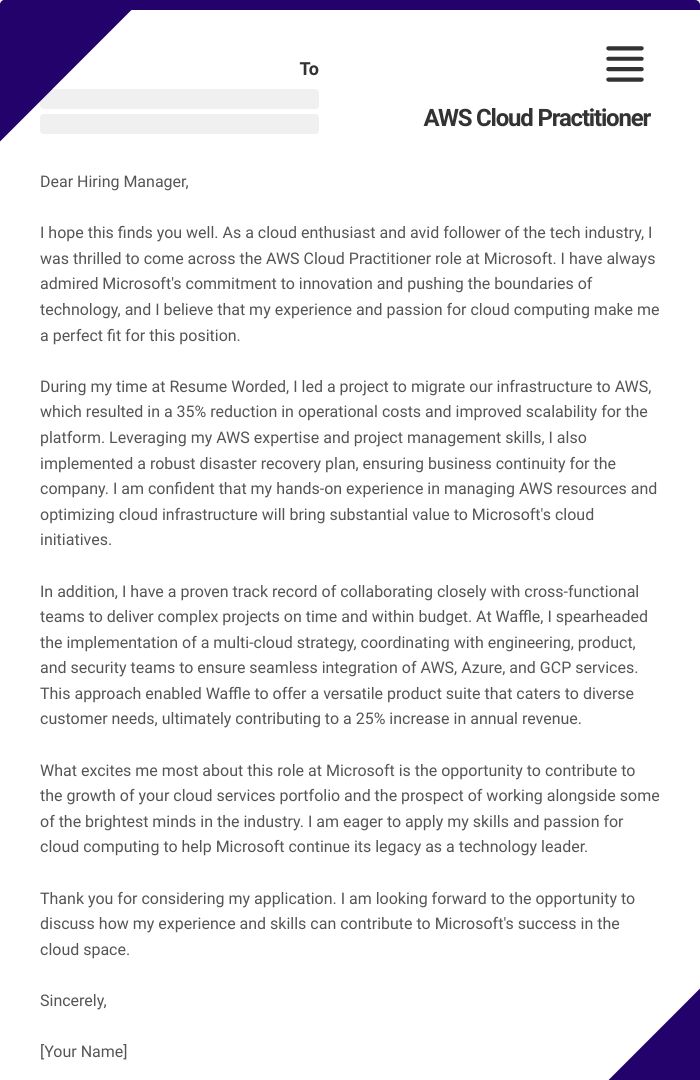AWS Cloud Practitioner Cover Letter