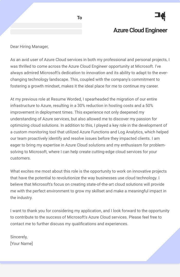 Azure Cloud Engineer Cover Letter