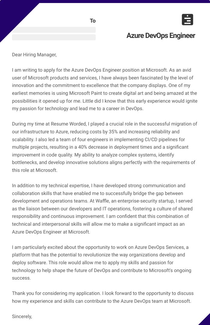 Azure DevOps Engineer Cover Letter
