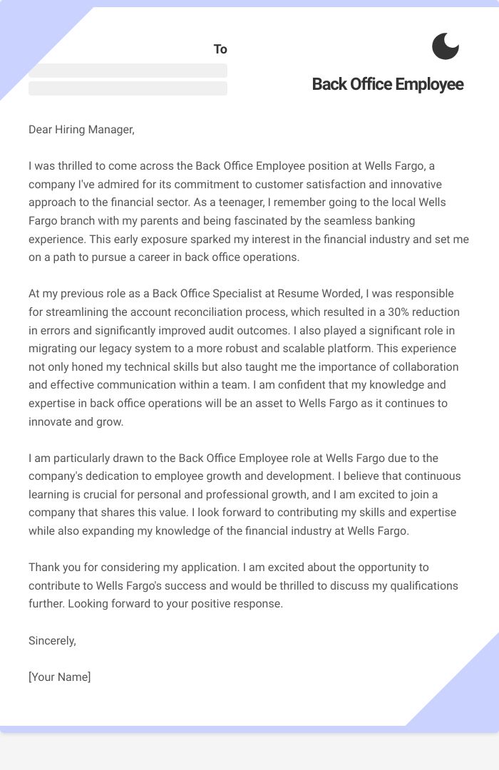 Back Office Employee Cover Letter