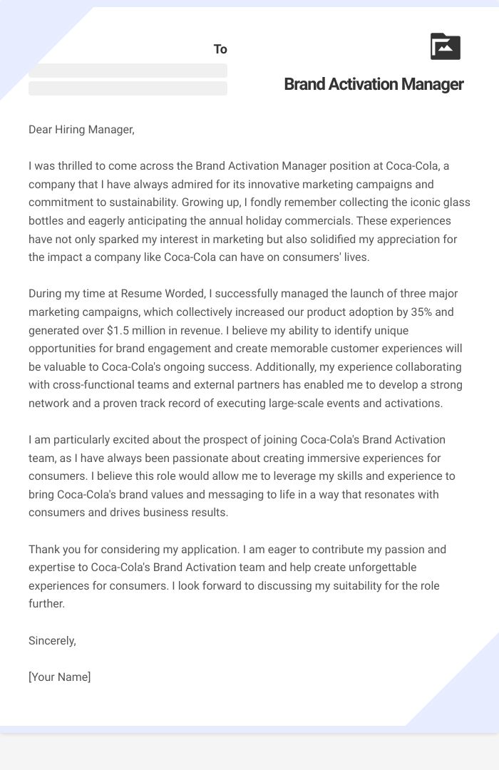 Brand Activation Manager Cover Letter