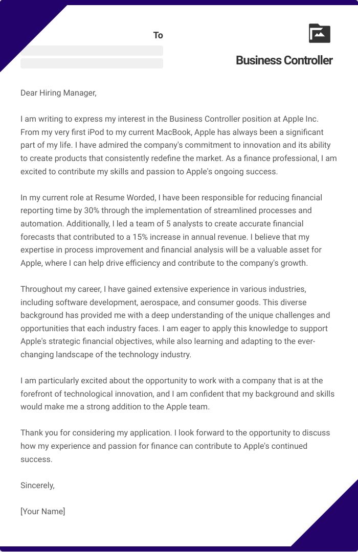 Business Controller Cover Letter