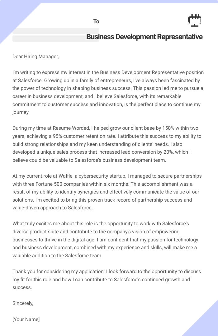 Business Development Representative Cover Letter