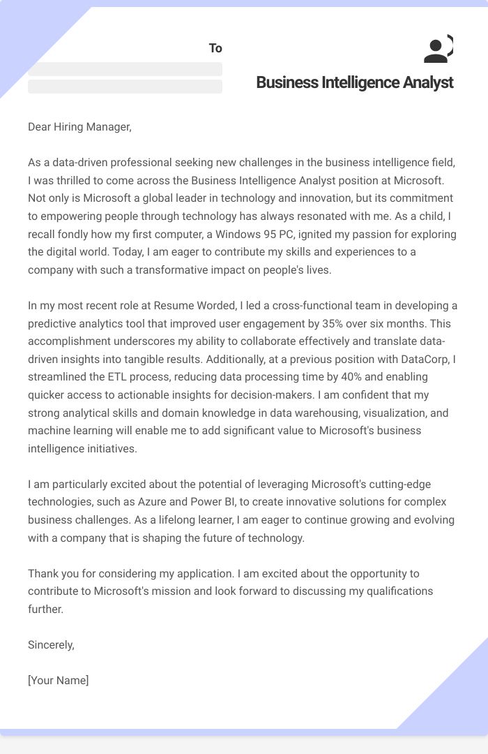 business intelligence analyst cover letter example