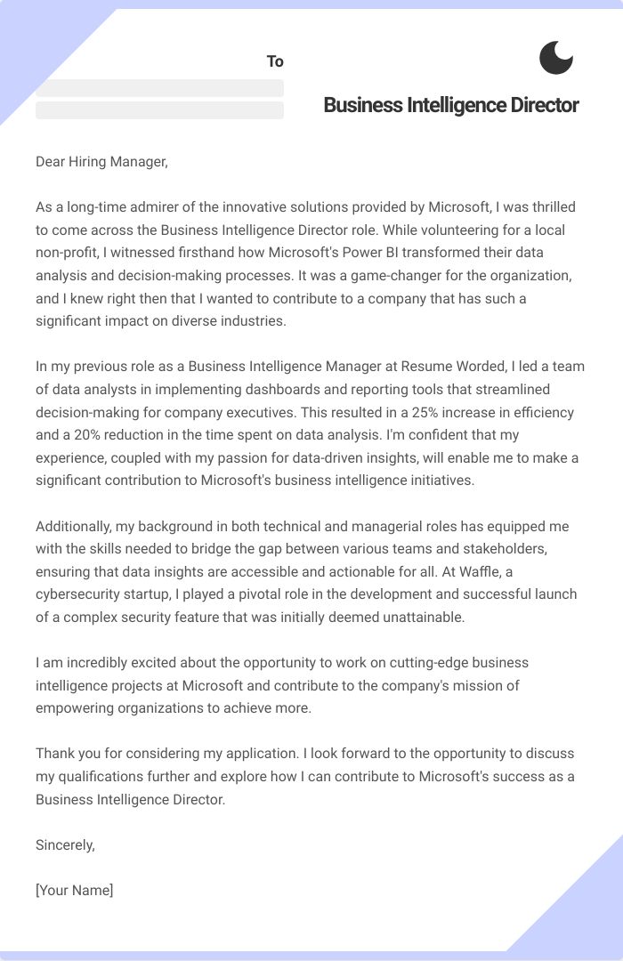 Business Intelligence Director Cover Letter