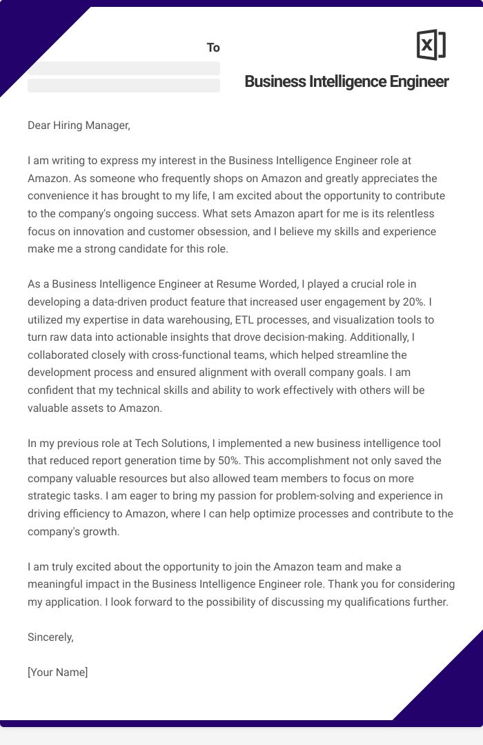 Business Intelligence Engineer Cover Letter