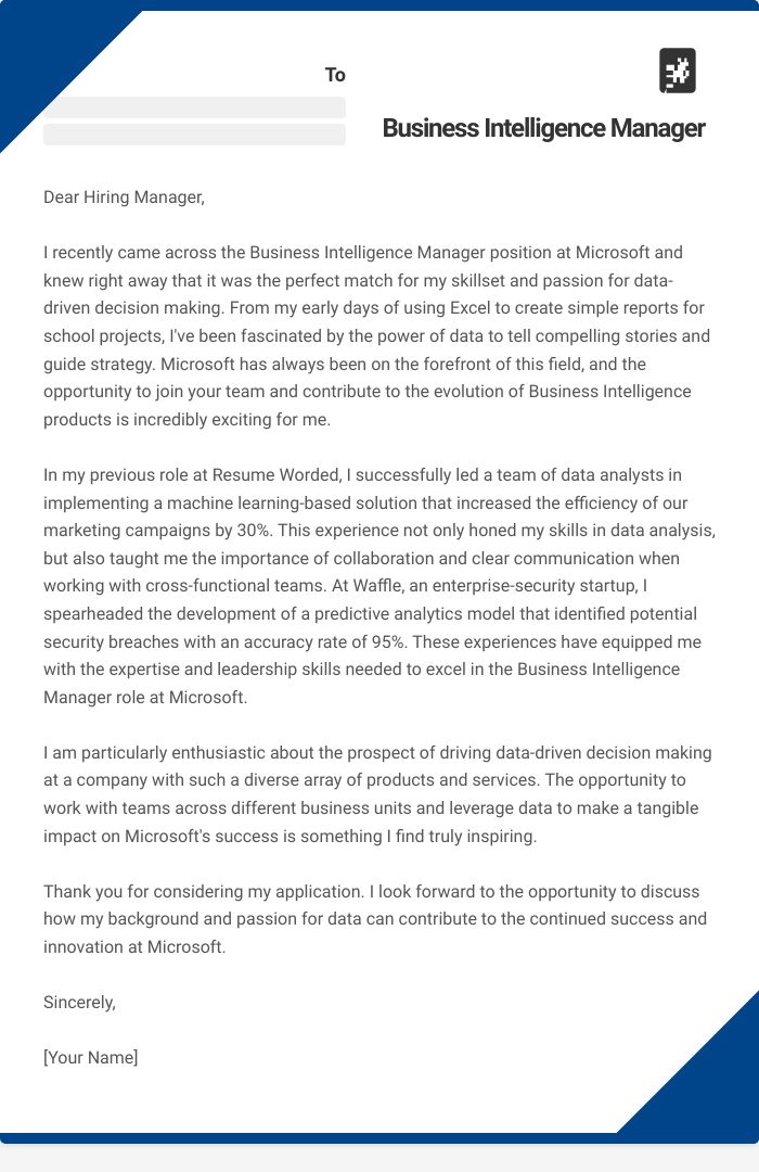 Business Intelligence Manager Cover Letter