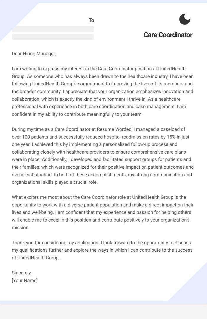 Care Coordinator Cover Letter