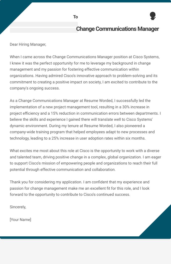 Change Communications Manager Cover Letter