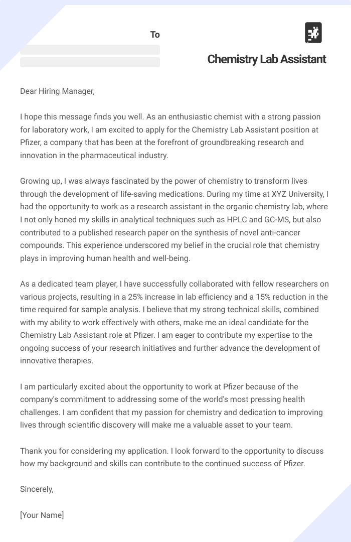 Chemistry Lab Assistant Cover Letter
