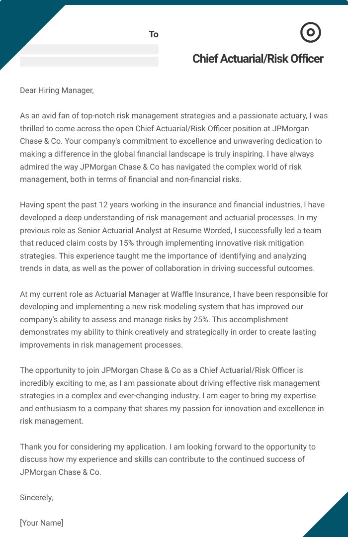 Chief Actuarial/Risk Officer Cover Letter
