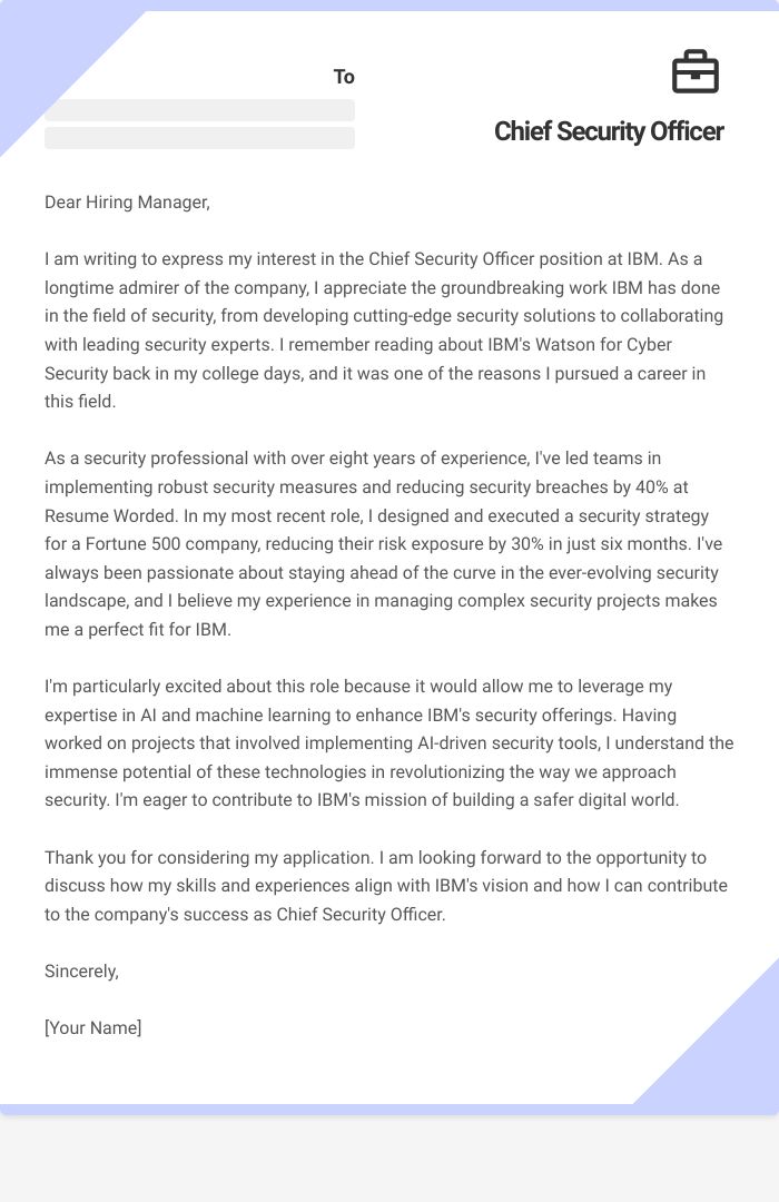 Chief Security Officer Cover Letter