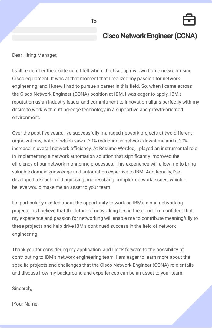 Cisco Network Engineer (CCNA) Cover Letter