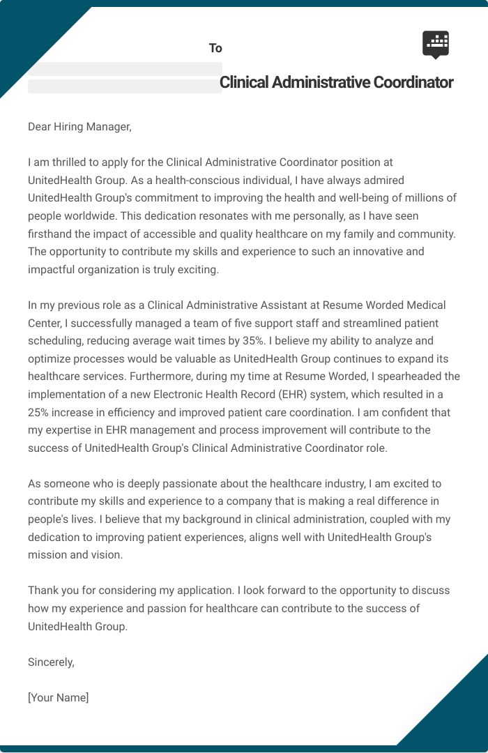 Clinical Administrative Coordinator Cover Letter