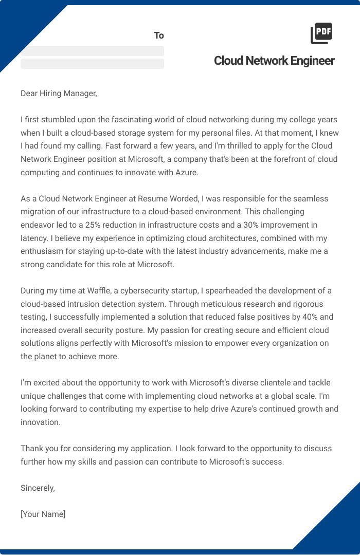 Cloud Network Engineer Cover Letter